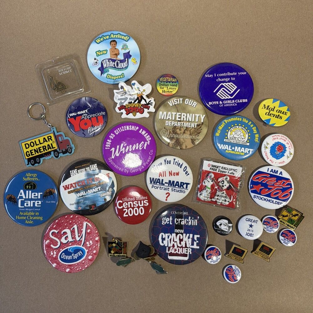 Vintage Walmart Employee Promo Advertising Pin Back Buttons And More...